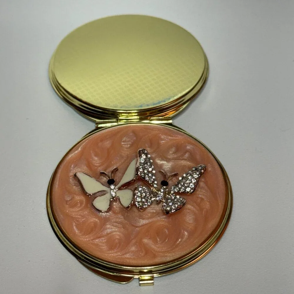 Enamel Butterfly Compact Mirror Pink Gold-Tone Rhinestone